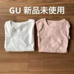 【新品未使用】GU　コットンカラークルーネックTシャツ　白　ピンク