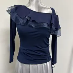 ネイビー フリル付き片肩レッスンウェア