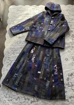 古布リメイク　パッチワーク　刺し子　フードジャケット　スカート　セットアップ