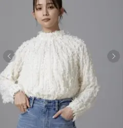 ナノユニバース ジャガードカット トップス フリル ブラウス シャツ 白