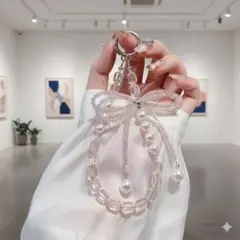 【大人可愛い】リボンモチーフ パール＆ビーズ キーチャーム薄可愛いピンク新品即納