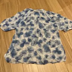 青い花柄 シフォン 半袖ブラウス