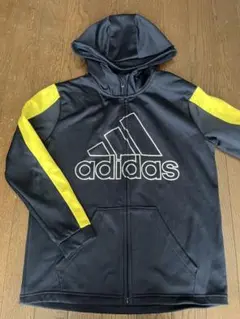美品　アディダス　150 裏起毛　ジップアップパーカー　ネイビー　黄色　サッカー