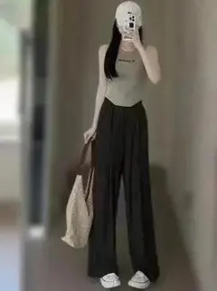 M ブラック パンツ ワイドレッグ ハイウエスト ストレート ウエストゴム