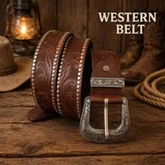 ウエスタン調 レザーベルト ブラウン ヴィンテージ スタッズ 彫刻 アメカジ