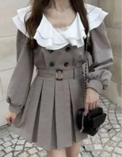 GRL ベルト付きチェック柄フリルカラープリーツミニワンピース[tu832]