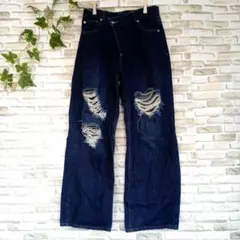 bohmal　デニム　ワイドパンツ　濃紺　ウエストクロス　ダメージ加工　М　冬