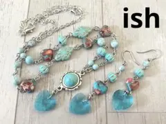 【B312】ishインプレッションターコイズハートネックレス&ピアス