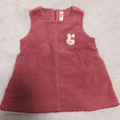 ウサギ刺繍 赤 デニム風 ワンピース