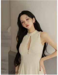 ROBE de FLEURS リブ編みハイネックフレアドレス S