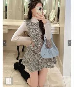 GRL ツイードペプラムベスト オフホワイト×ブラック