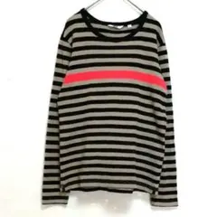 【ユニクロ】 長袖・S・ 黒 ベージュ ボーダー・赤アクセント・コットン100%