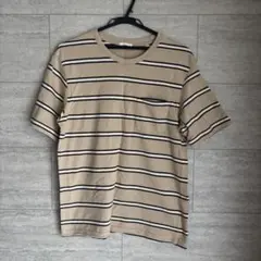 ベージュ ボーダー ポケット付き 半袖Tシャツのサムネイル