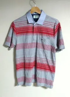 【美品】クロコダイル　メンズ　ポロシャツ　ロゴ刺繍　グレー×レッド　M