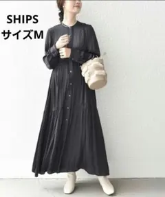 SHIPS　配色パイピングティアードワンピース　M　ブラック