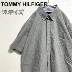 【超美品】トミーヒルフィガー　半袖シャツ　チェック柄　グレー　刺繍ロゴ　XL