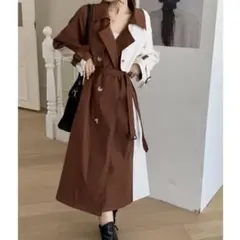 バックスリット 配色ロングトレンチコート ブラウンホワイト