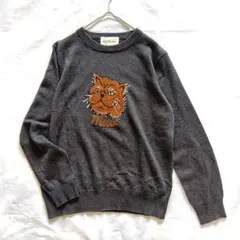Ray BEAMS 猫柄 クルーネック 長袖セーター グレー ねこ ビームス
