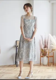 niana 葉柄刺繍レースバックリボンパーティードレス