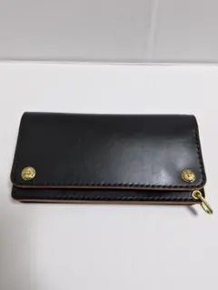 ロングトラッカーウォレット ブラック 茶芯レザー クロスコンチョ 長財布