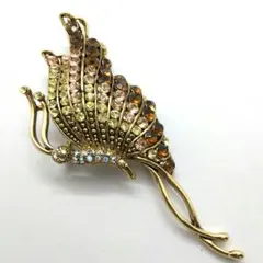 蝶型金色羽デザイン 　オレンジとピンクのラインストーンブローチ