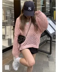 新品未使用品　ピンク メッシュ Vネック セーター　あみあみ