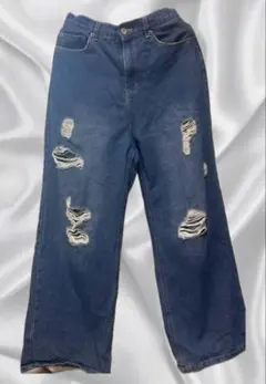 ストレートデニム 濃紺 ダメージジーンズ