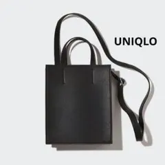 美品ユニクロ 黒無地 レザータッチスクエアショルダーバッグ 多収納 ツーウェイ