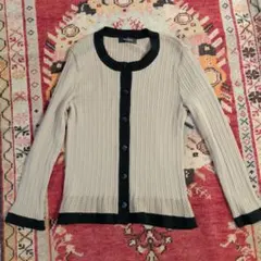 リブ編み長袖ニットカーデガン、ベージュと黒　L