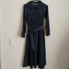 ダークブルー シャツワンピース 長袖 ウエストベルト付き