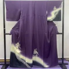 BY6585 紫　黒　染め分け　訪問着　着物　正絹　雪輪　笛　桔梗　桜　楓　松
