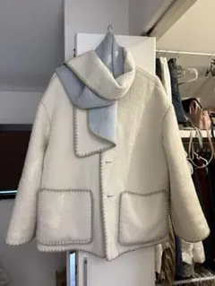 リバーシブル ウールコート＋マフラー付き アイボリー×ライトブルー