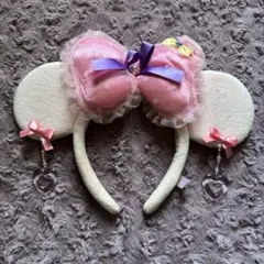 ディズニー カチューシャ イヤリング ピンク ミニー リボン レース