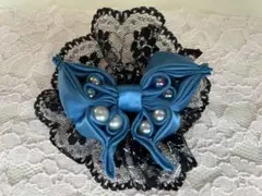 青いリボンとレースのバレッタ