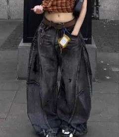 バルーンデニム　ダメージデニム　ユニセックス　ブラックデニム　韓国系　Y2K