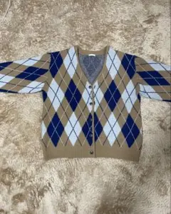 ダイヤモンドパターン カーディガン ベージュ ネイビー