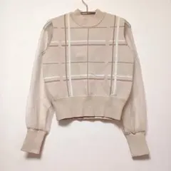 ミコアメリ　袖シースルー　チェックニット　ベージュのサムネイル