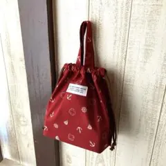 ハンドメイド＊マチ大きめ巾着＊マリン柄＊レッドエンジ系(723)
