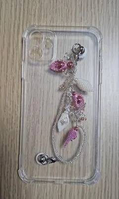 iPhone 11用ビーズ装飾チャーム付きクリアケース