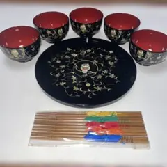 【未使用品】kansai フクロウデザイン 汁椀5個＆お盆＆箸のセット a