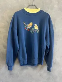 激カワ】アニマルプリント バード刺繍 鳥 スウェット グリーン XL 