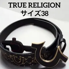 TRUE RELIGION ロゴバックル ベルトの帯も金色のロゴの文字 34 TRUE RELIGION ロゴバックル ベルトの帯も金色のロゴの文字 34 - メルカリ