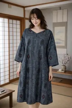 大島紬　着物リメイクワンピース　ゆったり　Ｌサイズ