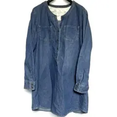 【美品】デニムシャツワンピース L 襟なし ノーカラー 100%コットン