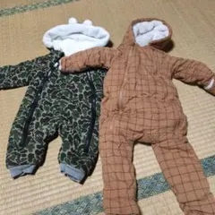 迷彩柄と茶色チェックのロンパースセット