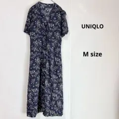 UNIQLO ユニクロ　プリントＶネックフレアワンピース　M ネイビー　半袖