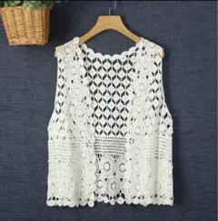 ベスト　ジレ　羽織り　レース　かぎ針編み　ナチュラル　ホワイト　韓国　綿　秋冬