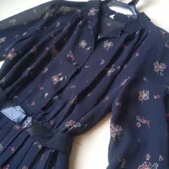 レトロ ロングワンピース 開襟シャツ プリーツスカート シアー 古着 ベルト付