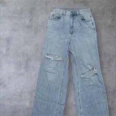 GU ジーユー ワイドデニム ダメージ ジーンズ ストレート ライトブルー M