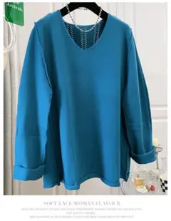 ブルー ニット セーター 大きいサイズ VネックI カジュアル シンプル レトロ